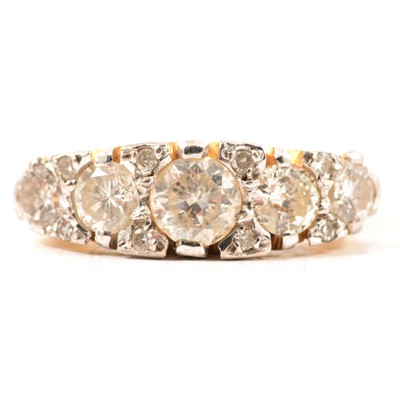 Lot 18 - A diamond five stone reproduction Victorian clarved claw ring.