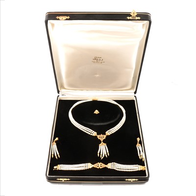 Lot 223A - A diamond and pearl parure of necklace, bracelet, earrings and ring.