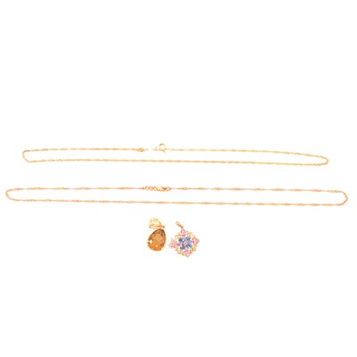 Lot 228 - Two modern gemset pendant and two 9 carat gold chains.