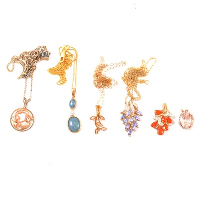 Lot 230 - Five 9 carat gold modern pendants, two chains, Clogau pendant.