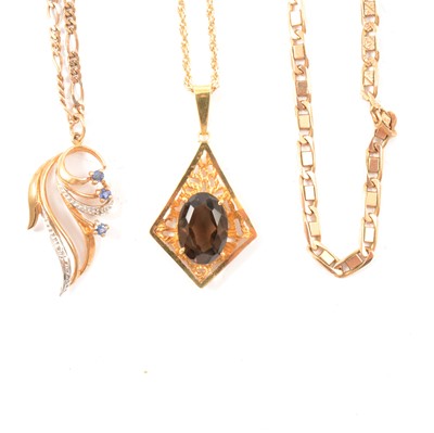 Lot 224 - A 9 carat yellow gold chain link necklace, two pendants and chains.