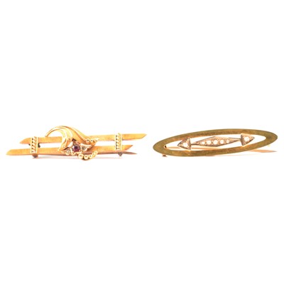 Lot 155 - An Edwardian 15 carat bar brooch and one other.