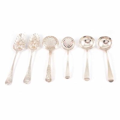 Lot 238 - A pair of silver berry spoons, matched pair of sauce ladles and sifting spoon, another sifting spoon.