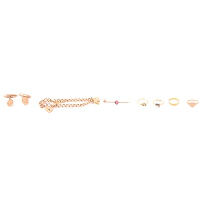 Lot 249 - Vintage gold bracelet, diamond rings, cufflinks.