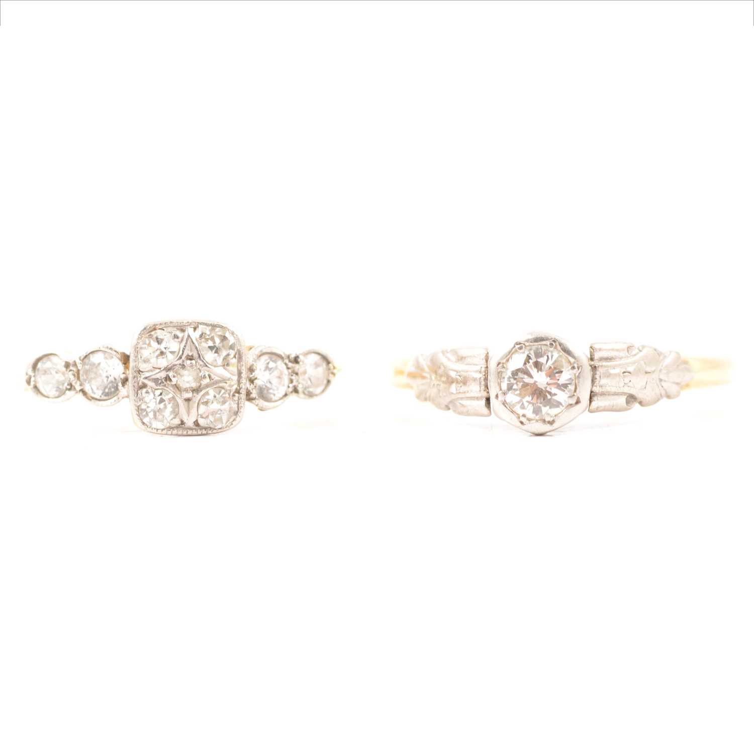 Lot 9 - A diamond solitaire ring and a diamond and white stone ring.