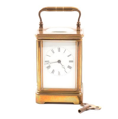 Lot 368 - A French style carriage timepiece with white enamel dial and roman numeral chapter ring.