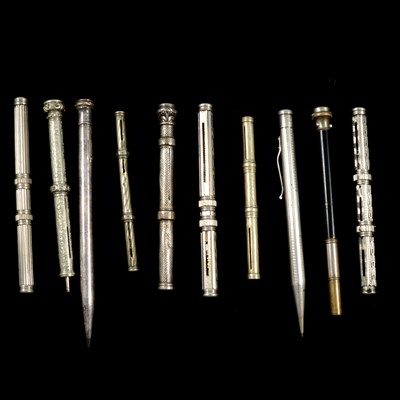 Lot 347 - Seven white metal and plated combined propelling pens and pencils, fountain pen, and two propelling pencils.