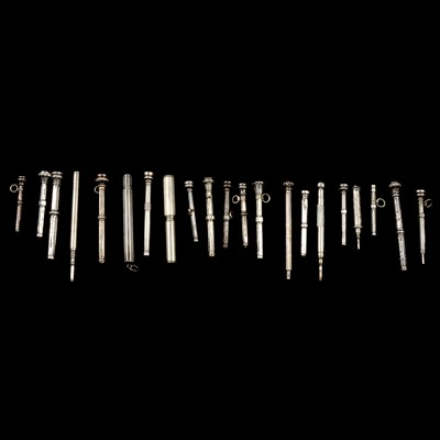 Lot 348 - Twenty white metal propelling and retractable pencils / pencil holders and a white metal nib case.