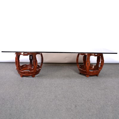 Lot 483 - Pair of Chinese hardwood barrel seats and plate glass top forming a coffee table