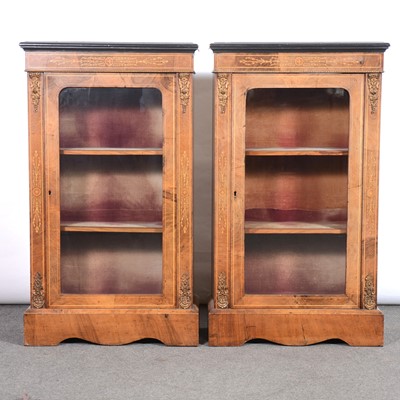 Lot 496 - Pair of Victorian walnut and marquetry pier cabinets