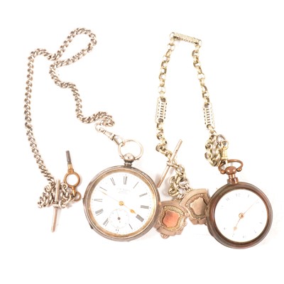 Lot 384 - A pinchbeck pair case pocket watch and metal chain, silver pocket watch and chain.
