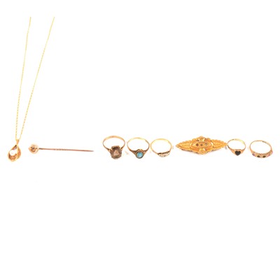 Lot 284 - Small selection of gold items, ring, bar brooch, pendant and chain.