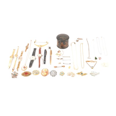 Lot 360 - Yellow metal chain, silver jewellery, costume jewellery, and ladies' wristwatches.