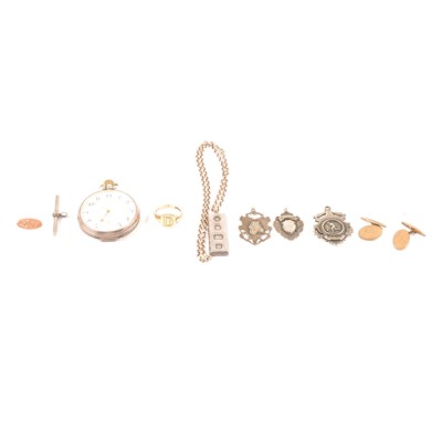 Lot 353 - A Limit silver pocket watch, 1oz ingot and chain, signet ring, cufflinks and medallions.