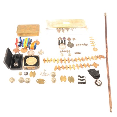 Lot 354 - Four WWI medals, St John's Ambulance medals and badges, Princess Mary tin.