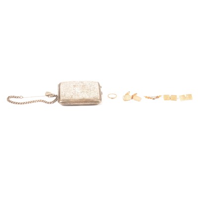 Lot 352 - A pair of 9 carat gold cufflinks, brooch, ring silver cigarette case, bracelet.