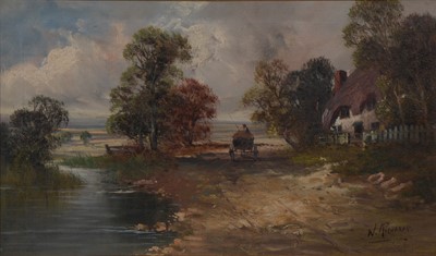 Lot 422 - W Richards, cart on a country lane by a river.