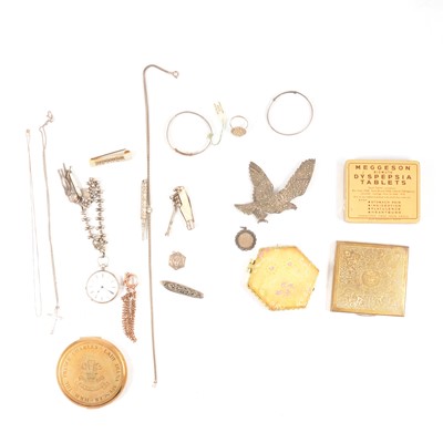 Lot 361 - A 900 silver fob watch and chain, cross, bangle, gold-plated bracelet, compact, tin.