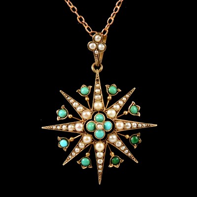 Lot 302 - A turquoise and seed pearl star pendant, on a rose metal chain.
