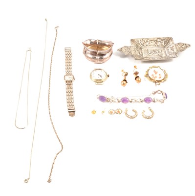 Lot 357 - An amethyst bracelet, Swiss Empress silver wristwatch, silver and white metal items, and costume jewellery.