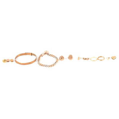 Lot 288 - Two gold wedding rings, bracelet with 15ct padlock, studs.