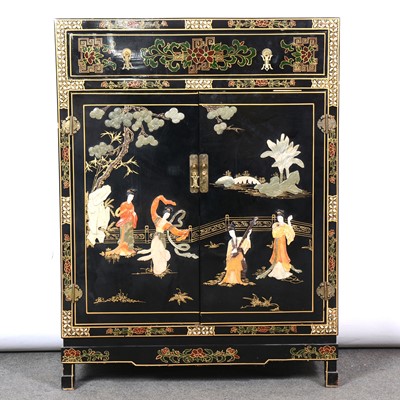 Lot 532 - Chinese black lacquered and hardstone mounted three piece suite of furniture