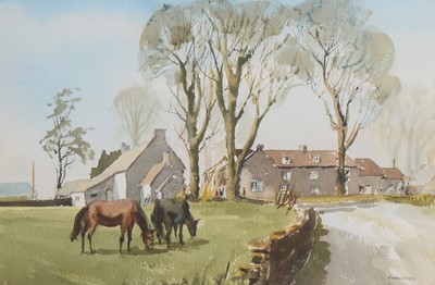 Lot 444 - Roland Davies, Village scene with horses on a green.