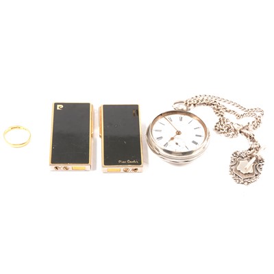 Lot 383 - A 22 carat yellow gold wedding band, silver pocket watch and chain, lighters and cufflinks.