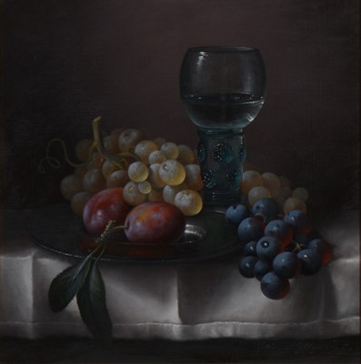 Lot 423 - Brian Davies, Still life with glass, grapes and plums