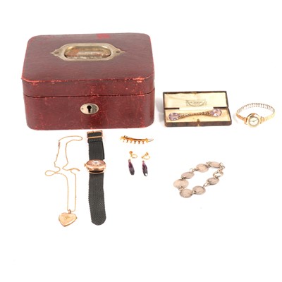 Lot 359 - A vintage jewel box with  costume jewellery and watches.
