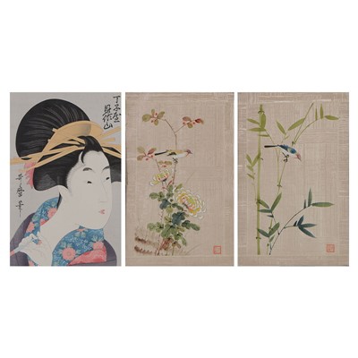 Lot 430 - Japanese Geisha woodblock and two bird paintings on silk