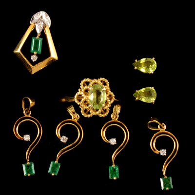Lot 295 - A peridot ring and earrings, and five emerald and diamond pendants.