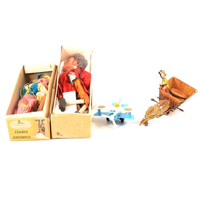 Lot 138 - Three Pelham puppets, tin plate toys etc.
