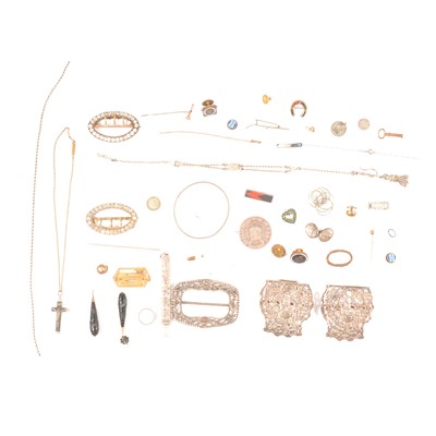 Lot 363 - Silver and paste set buckles, silver pencil holder, white metal Albertina chain, and other jewellery.