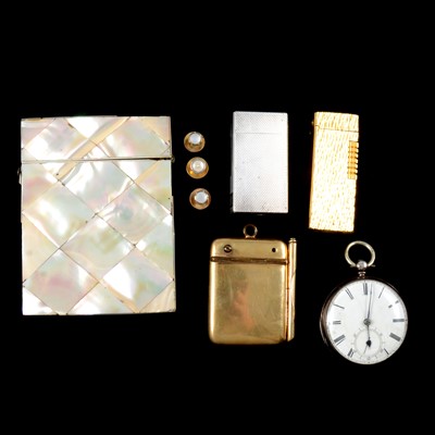 Lot 364 - A mother-of-pearl card case, cigarette lighters, aide-memoire