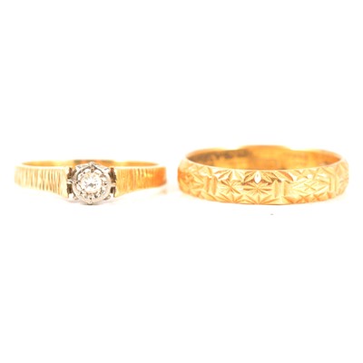 Lot 270 - A diamond solitaire ring, and a yellow metal bright cut wedding ring.
