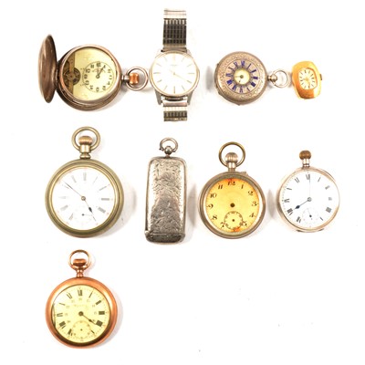 Lot 382 - Silver and other pocket watches, vintage wristwatches and a silver Sovereign/vesta case.