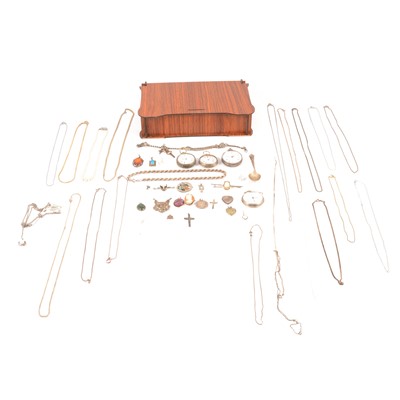 Lot 362 - Silver / white metal chains, pendants, brooches and pocket watches.