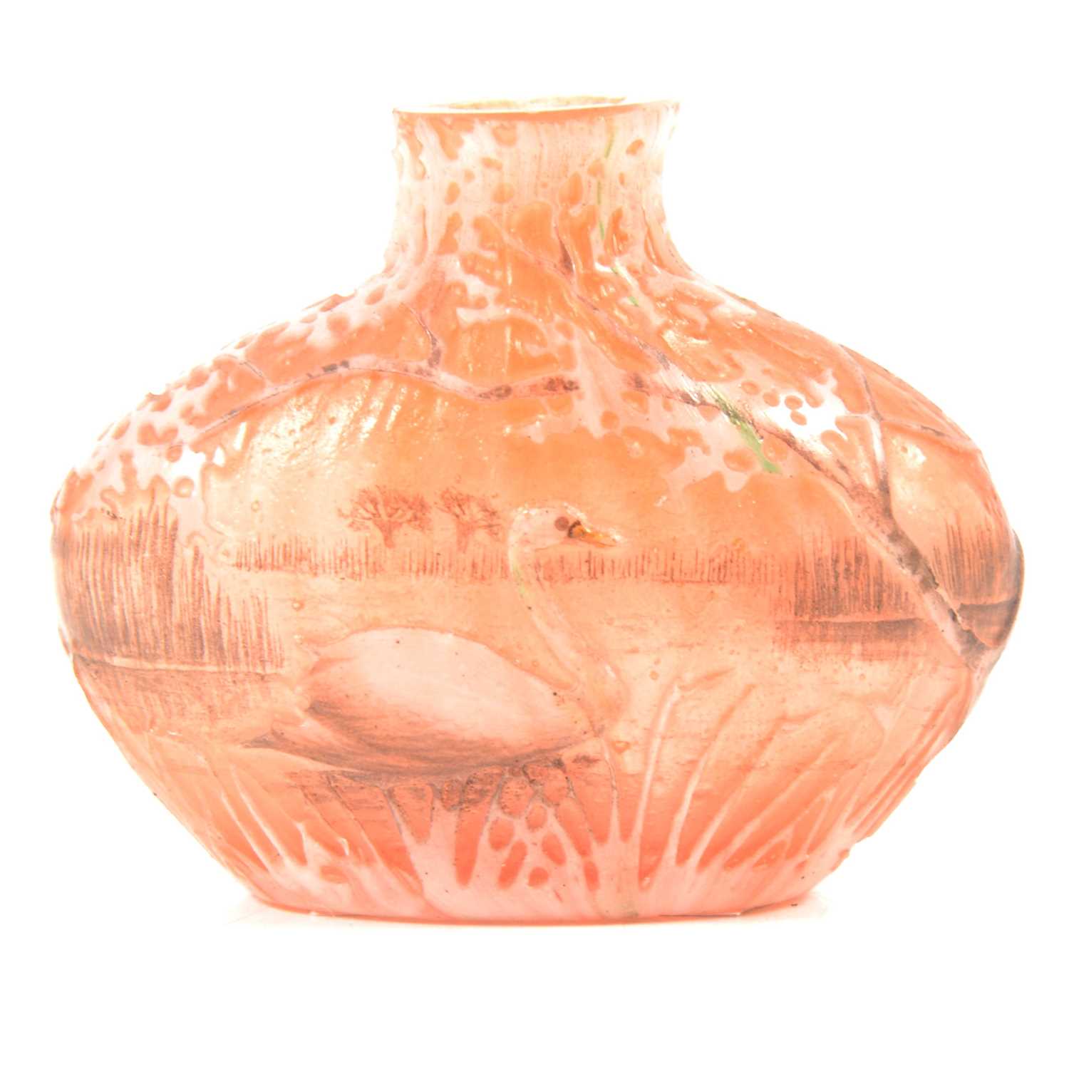 Lot 69 - Daum, a miniature etched and enamelled glass vase with Swan design