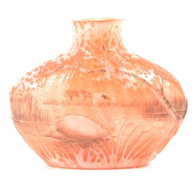 Lot 69 - Daum, a miniature etched and enamelled glass vase with Swan design