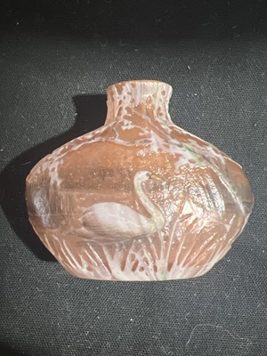 Lot 69 - Daum, a miniature etched and enamelled glass vase with Swan design