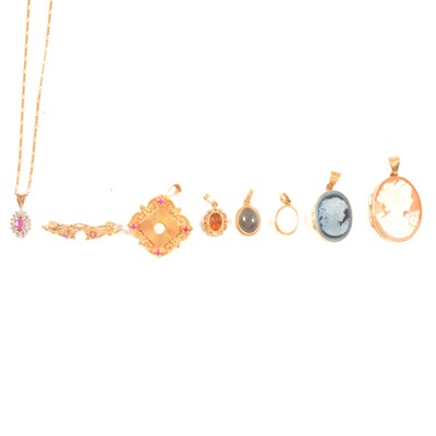 Lot 282 - A gemset brooch, five gemset pendants, two cameo lockets and a 9 carat yellow gold chain.