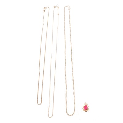 Lot 319 - A ruby and diamond pendant, two 18 carat white gold chains, and a 9 carat white gold chain.