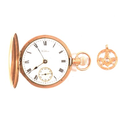 Lot 388 - Waltham - a 9 carat yellow gold full hunter pocket watch and a Masonic medallion.