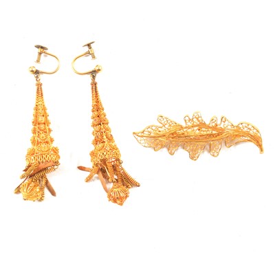Lot 293 - A pair of yellow metal filigree earrings and leaf design brooch.