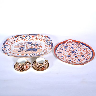 Lot 94 - Two Royal Crown Derby Imari pattern cups and saucers, a 19th century tray, and meat platter.