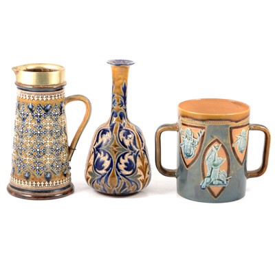 Lot 31 - Elizabeth Hamilton for Doulton Lambeth Loving cup, Doulton Lambeth vase and jug.