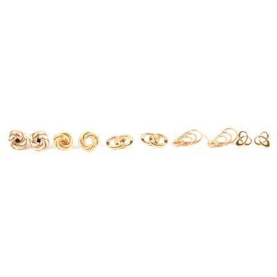 Lot 380 - Five pairs of 9 carat gold and yellow metal earrings.