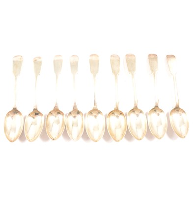 Lot 131 - Set of six silver dessert spoons, and three others