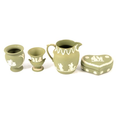 Lot 78 - Wedgwood green, dark blue and pale blue jasperware items, and Portmeirion jugs.